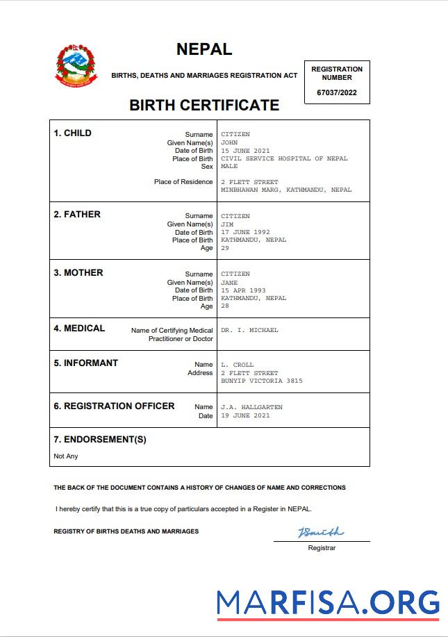 Blank Nepal birth certificate Word and PDF template